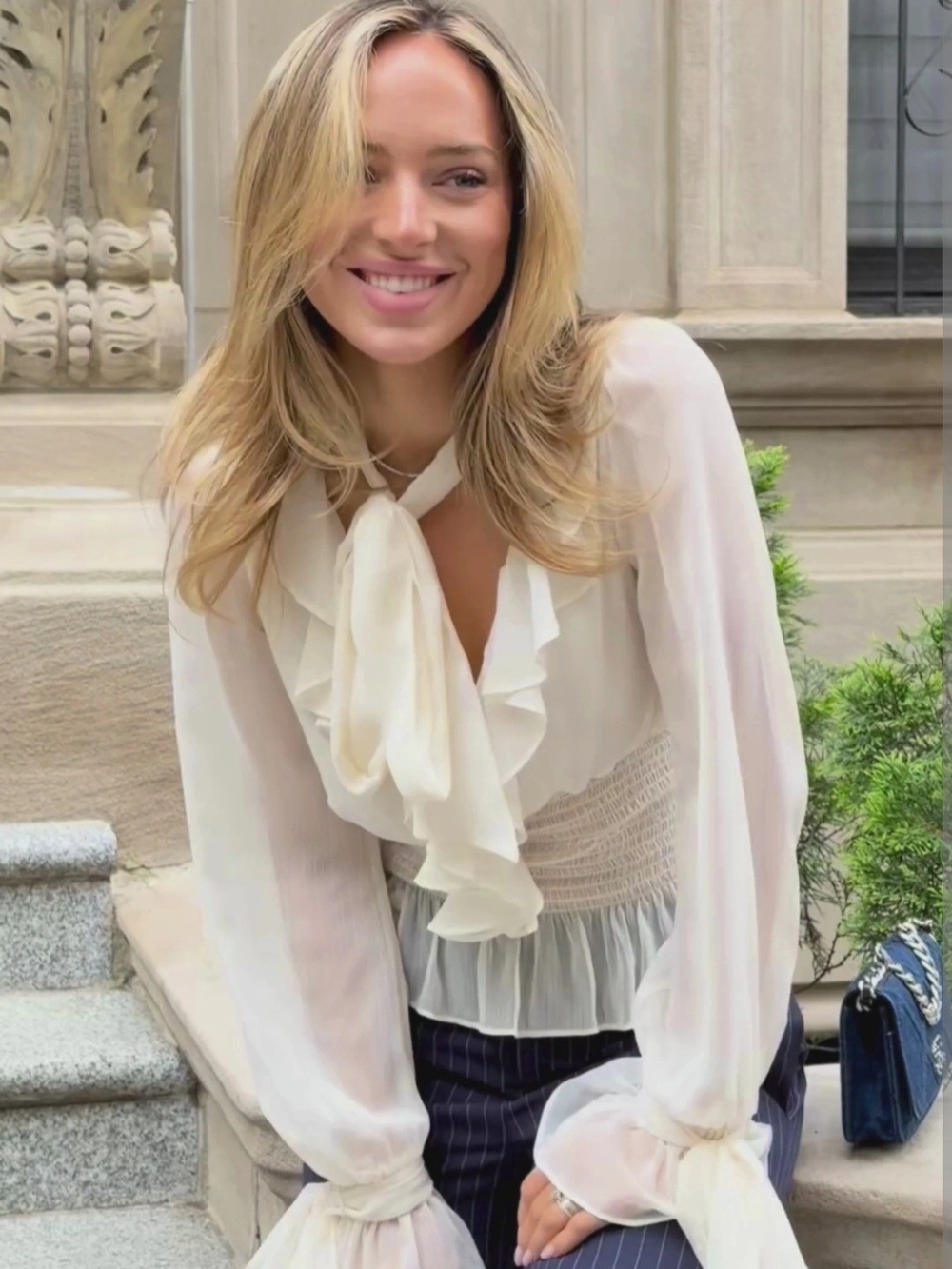 Few Moda X Greta Louise Tome Ruffled Tie-Neck Chiffon Blouse in Cream